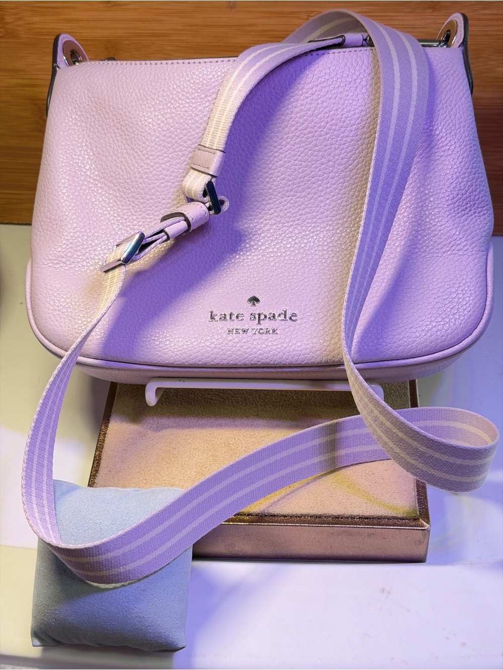 kate spade Leather Crossbody Lavendar Bag with Striped Guitar Strap Free Gift